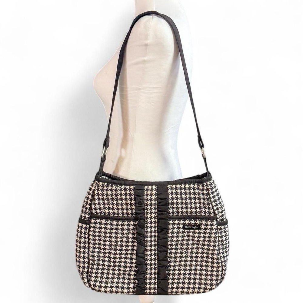 Bella Taylor Houndstooth Quilted Crossbody Purse Black & White Ruffle Accent